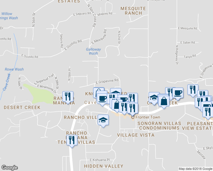 map of restaurants, bars, coffee shops, grocery stores, and more near 6065 East Knolls Way South in Cave Creek