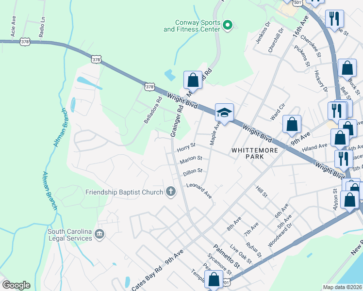 map of restaurants, bars, coffee shops, grocery stores, and more near 1720 Horry Street in Conway