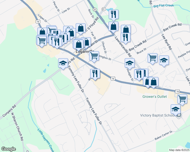 map of restaurants, bars, coffee shops, grocery stores, and more near 4495 Georgia 10 in Loganville
