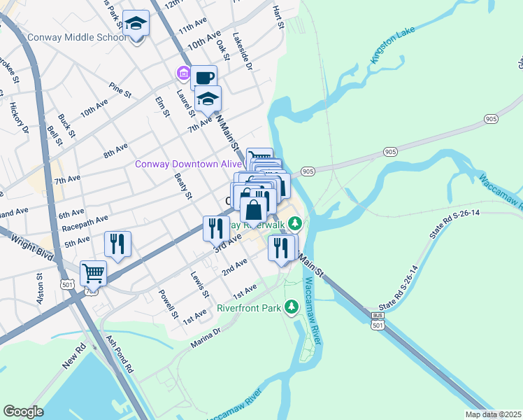 map of restaurants, bars, coffee shops, grocery stores, and more near 315 North Main Street in Conway
