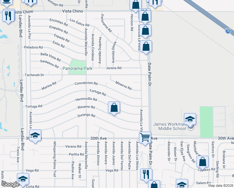 map of restaurants, bars, coffee shops, grocery stores, and more near 68815 Concepcion Road in Cathedral City