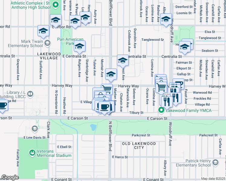 map of restaurants, bars, coffee shops, grocery stores, and more near 4243 Marber Avenue in Lakewood