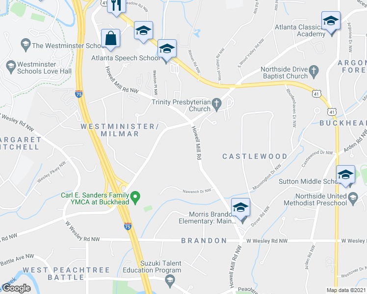 map of restaurants, bars, coffee shops, grocery stores, and more near 2952 Howell Mill Road Northwest in Atlanta