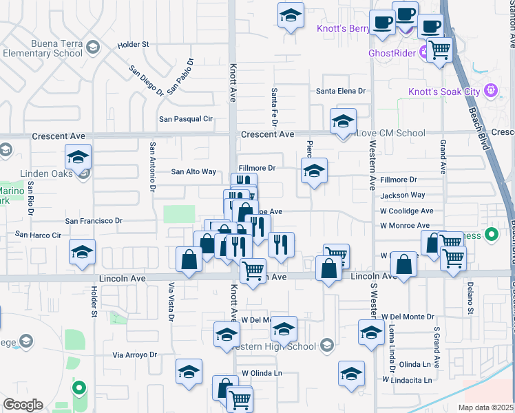 map of restaurants, bars, coffee shops, grocery stores, and more near 7089 Monroe Avenue in Buena Park