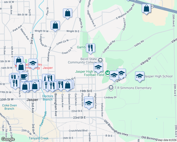 map of restaurants, bars, coffee shops, grocery stores, and more near 1601 Gamble Avenue in Jasper