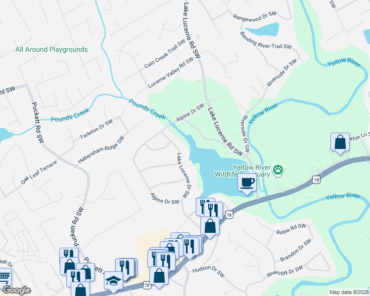 map of restaurants, bars, coffee shops, grocery stores, and more near 1872 Lake Lucerne Drive Southwest in Lilburn
