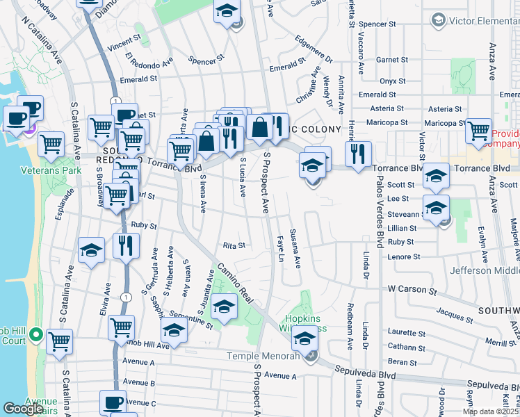 map of restaurants, bars, coffee shops, grocery stores, and more near 415 South Prospect Avenue in Redondo Beach