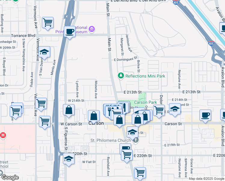 map of restaurants, bars, coffee shops, grocery stores, and more near 21249 South Main Street in Carson