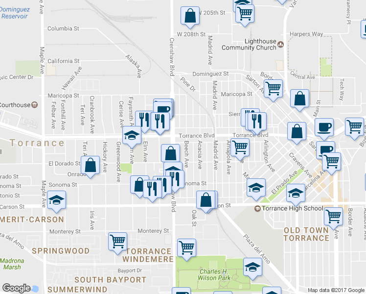 map of restaurants, bars, coffee shops, grocery stores, and more near 1225 Beech Ave in Torrance