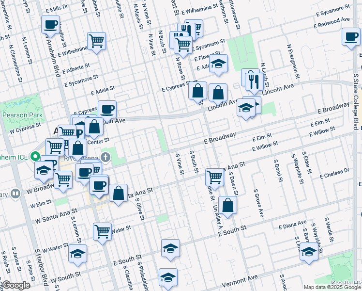 map of restaurants, bars, coffee shops, grocery stores, and more near 935 East Broadway in Anaheim