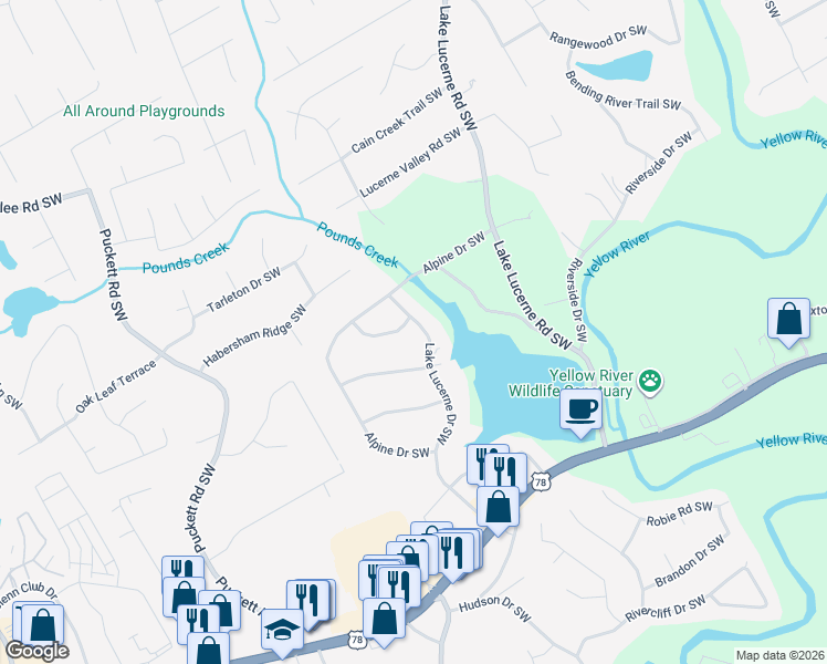 map of restaurants, bars, coffee shops, grocery stores, and more near 4722 Geneva Dr SW in Lilburn