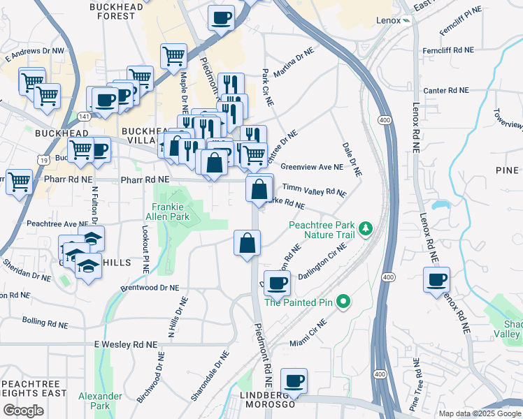 map of restaurants, bars, coffee shops, grocery stores, and more near 2963 Piedmont Road Northeast in Atlanta