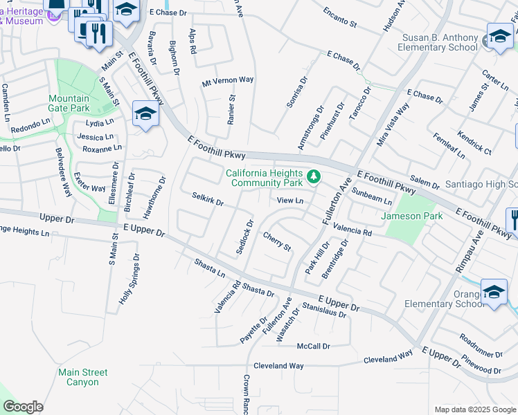 map of restaurants, bars, coffee shops, grocery stores, and more near 3475 Summitpointe Circle in Corona