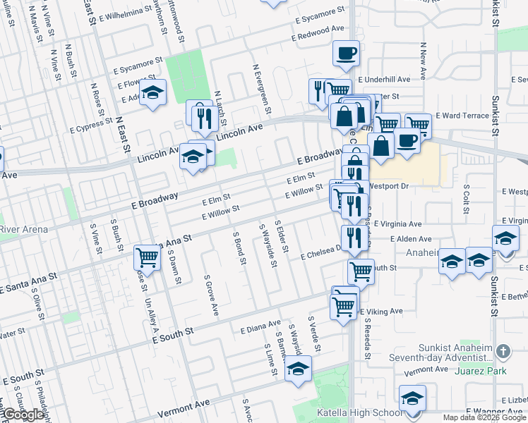 map of restaurants, bars, coffee shops, grocery stores, and more near 1605 East Santa Ana Street in Anaheim