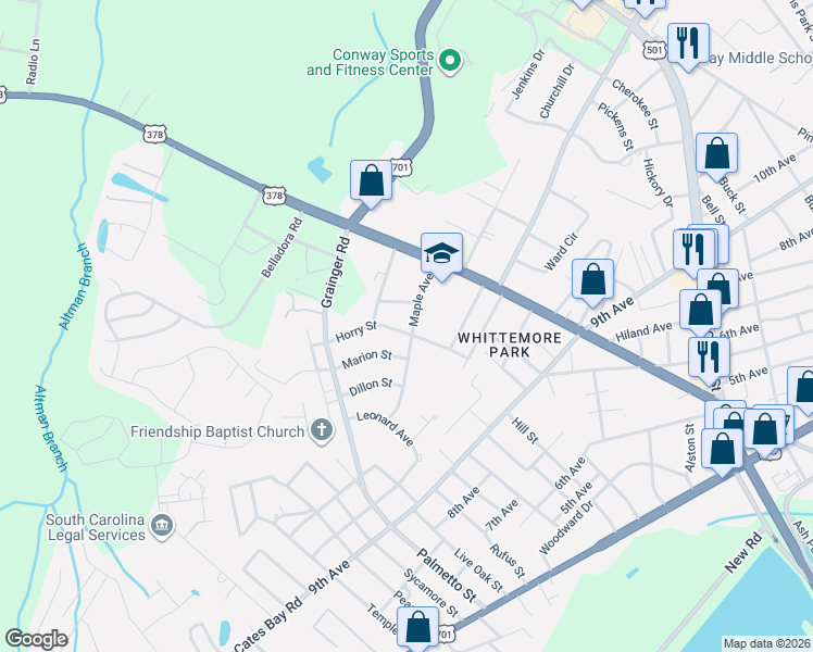 map of restaurants, bars, coffee shops, grocery stores, and more near 1816 Maple Avenue in Conway