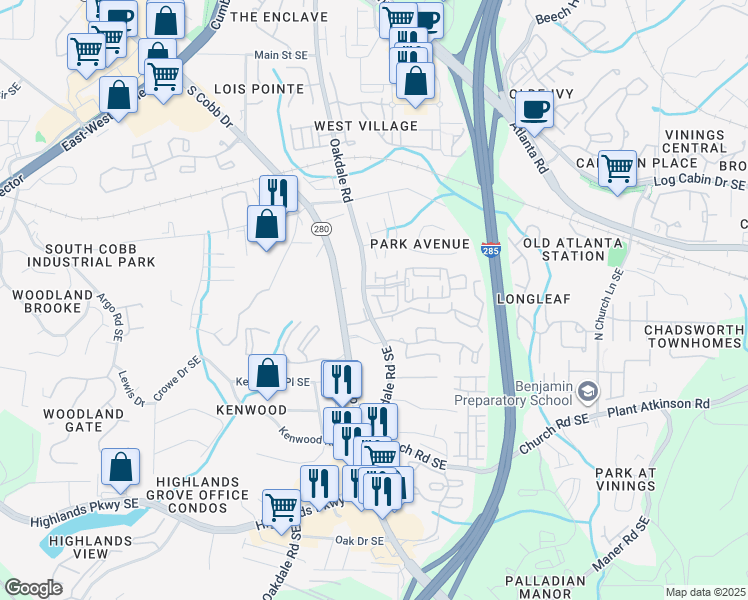 map of restaurants, bars, coffee shops, grocery stores, and more near 4879 Seldon Way Southeast in Smyrna