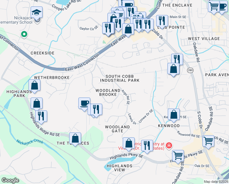map of restaurants, bars, coffee shops, grocery stores, and more near 1689 Clay Brooke Lane Southeast in Smyrna