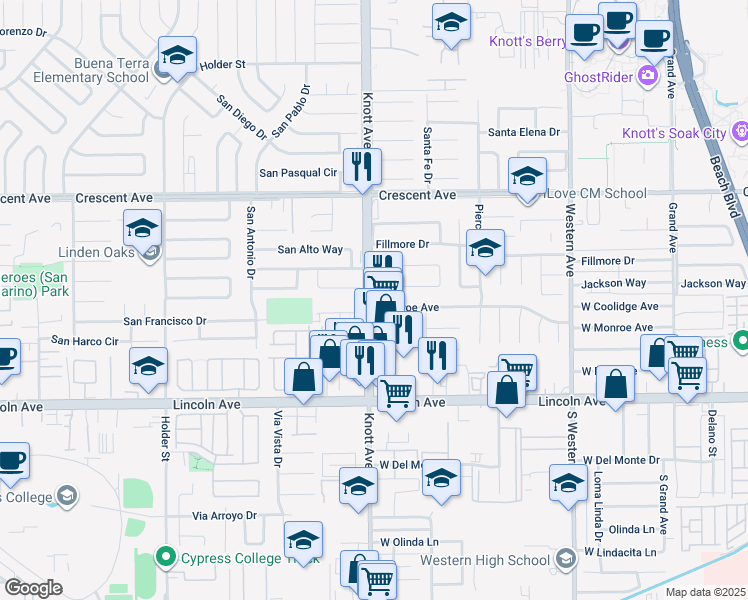 map of restaurants, bars, coffee shops, grocery stores, and more near 4750 South Knott Avenue in Buena Park