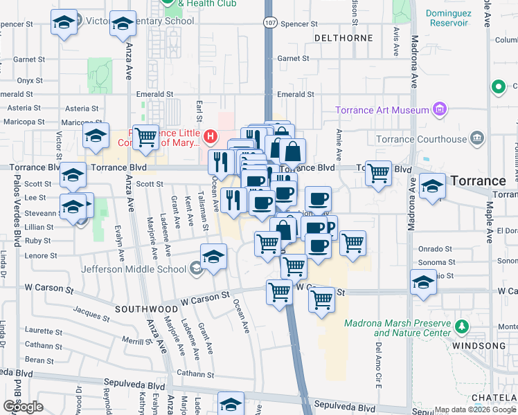 map of restaurants, bars, coffee shops, grocery stores, and more near 21305 Hawthorne Boulevard in Torrance