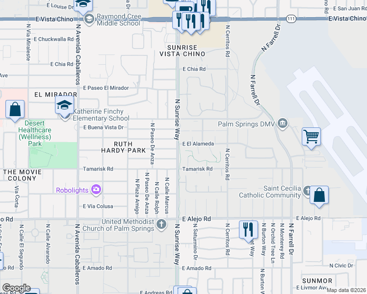 map of restaurants, bars, coffee shops, grocery stores, and more near 1715 East El Alameda in Palm Springs