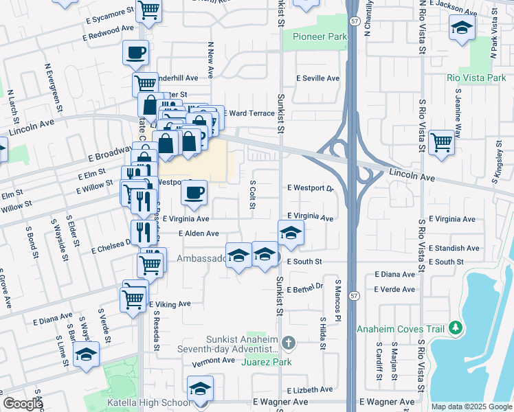 map of restaurants, bars, coffee shops, grocery stores, and more near 550 South Colt Street in Anaheim