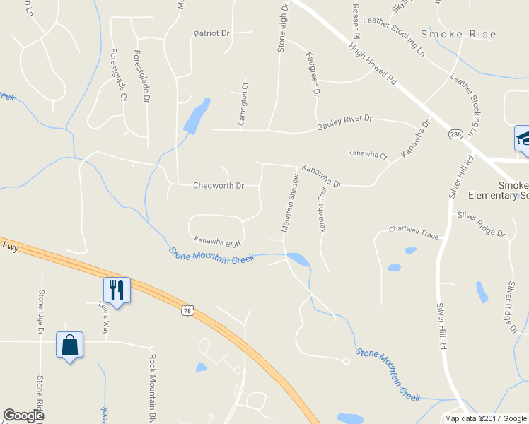 map of restaurants, bars, coffee shops, grocery stores, and more near 1807 Chedworth Lane in Stone Mountain