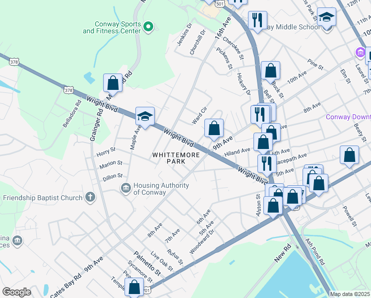 map of restaurants, bars, coffee shops, grocery stores, and more near 1703 Singleton Street in Conway