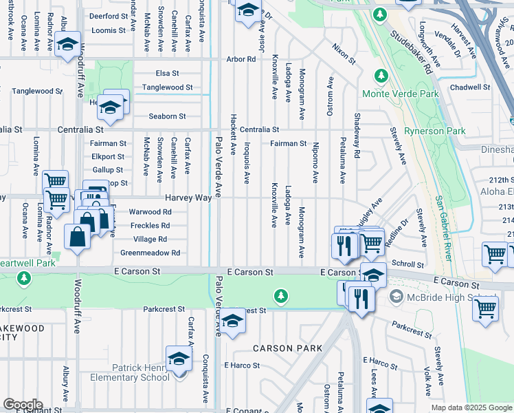 map of restaurants, bars, coffee shops, grocery stores, and more near 4249 Josie Avenue in Lakewood