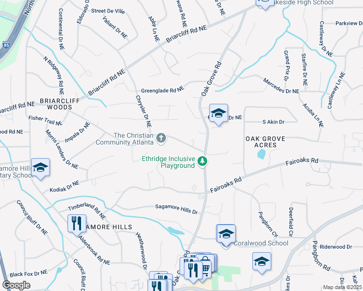 map of restaurants, bars, coffee shops, grocery stores, and more near 1618 Crestline Drive Northeast in Atlanta
