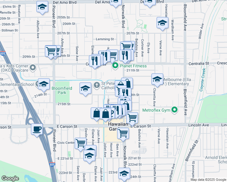 map of restaurants, bars, coffee shops, grocery stores, and more near 21333 Norwalk Boulevard in Hawaiian Gardens