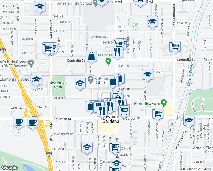 map of restaurants, bars, coffee shops, grocery stores, and more near 21333 Norwalk Boulevard in Hawaiian Gardens