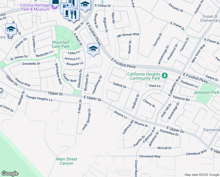 map of restaurants, bars, coffee shops, grocery stores, and more near 335 Appleby Street in Corona