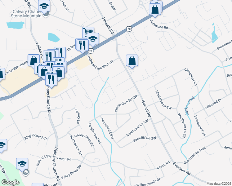 map of restaurants, bars, coffee shops, grocery stores, and more near 2344 Oakland Spring Drive in Snellville
