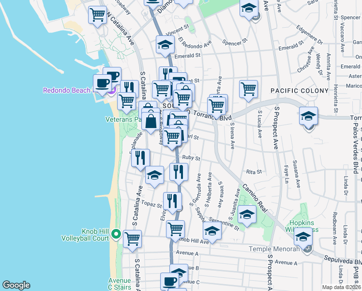 map of restaurants, bars, coffee shops, grocery stores, and more near 415 South Guadalupe Avenue in Redondo Beach