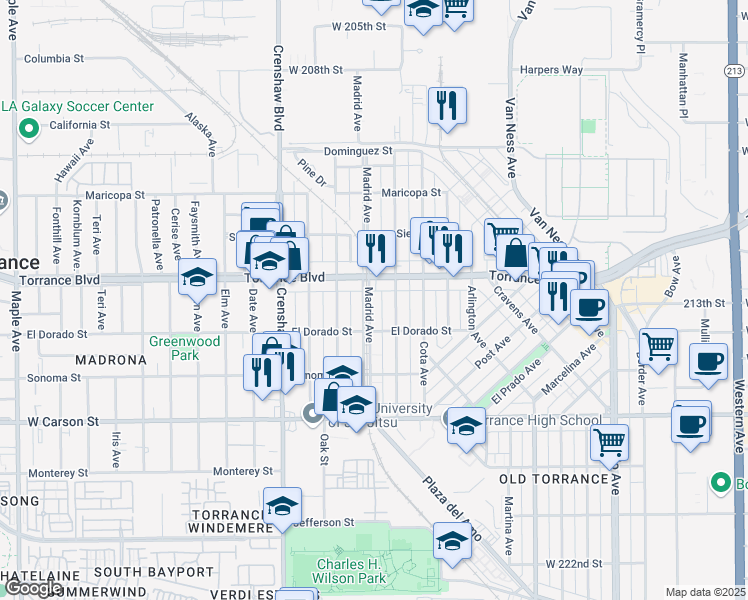 map of restaurants, bars, coffee shops, grocery stores, and more near 1226 Madrid Avenue in Torrance