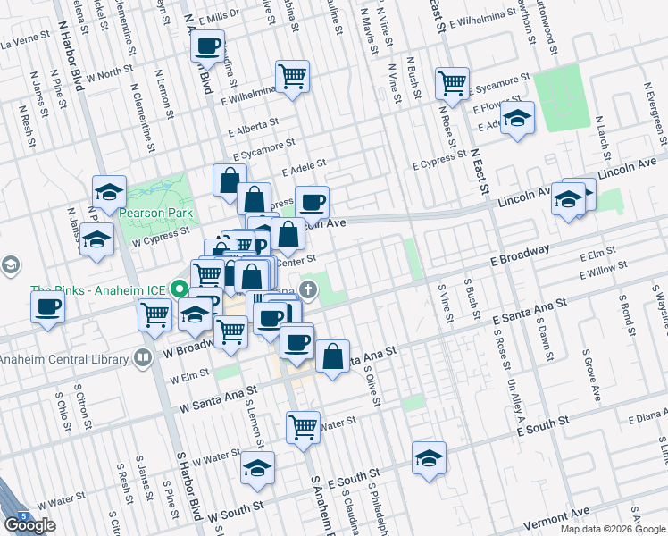 map of restaurants, bars, coffee shops, grocery stores, and more near 119 South Olive Street in Anaheim