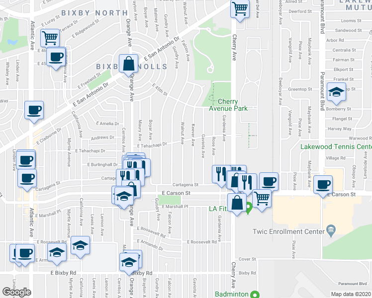 map of restaurants, bars, coffee shops, grocery stores, and more near 4232 Walnut Avenue in Long Beach