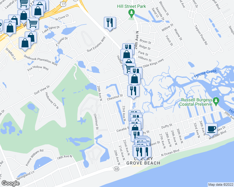 map of restaurants, bars, coffee shops, grocery stores, and more near 2305 Tortuga Lane in North Myrtle Beach