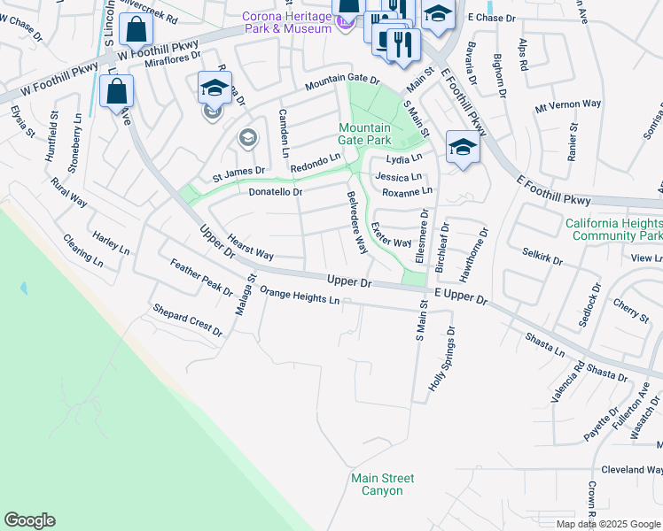 map of restaurants, bars, coffee shops, grocery stores, and more near 3575 Ambrose Circle in Corona