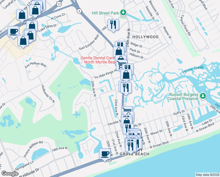 map of restaurants, bars, coffee shops, grocery stores, and more near 2305 Tortuga Lane in North Myrtle Beach