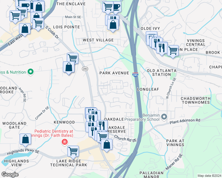 map of restaurants, bars, coffee shops, grocery stores, and more near 2235 Millhaven Street Southeast in Smyrna