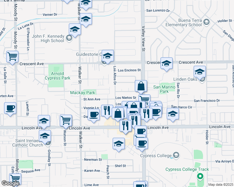 map of restaurants, bars, coffee shops, grocery stores, and more near 5780 Los Ranchos Dr in Buena Park