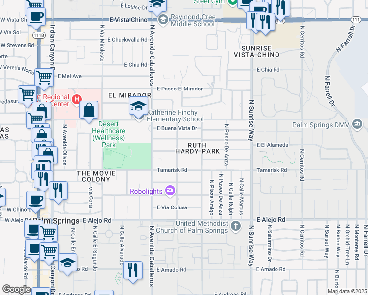map of restaurants, bars, coffee shops, grocery stores, and more near 1122 East El Alameda in Palm Springs