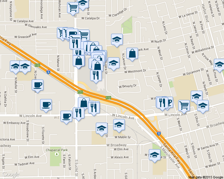 map of restaurants, bars, coffee shops, grocery stores, and more near 400 North Loara Street in Anaheim