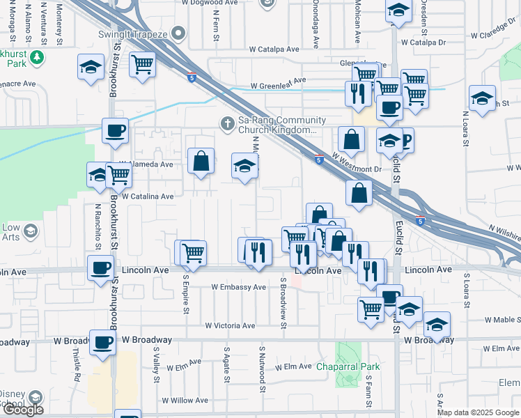map of restaurants, bars, coffee shops, grocery stores, and more near 305 North Bayport Circle in Anaheim