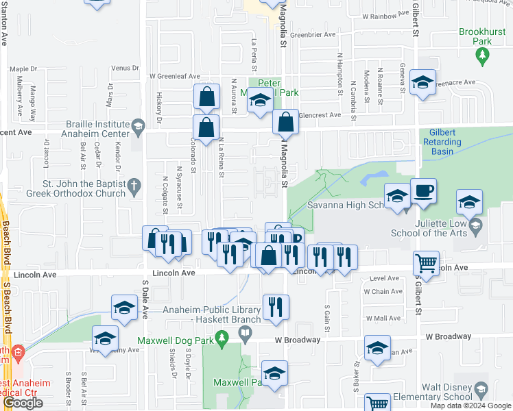 map of restaurants, bars, coffee shops, grocery stores, and more near 2648 West Russell Avenue in Anaheim