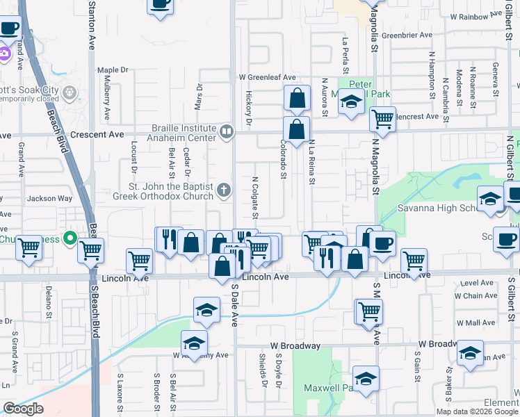 map of restaurants, bars, coffee shops, grocery stores, and more near 326 North Syracuse Street in Anaheim