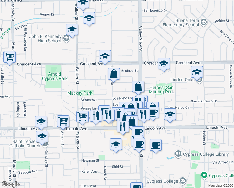map of restaurants, bars, coffee shops, grocery stores, and more near 5804 Los Ranchos Drive in Buena Park