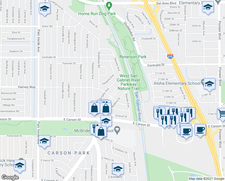 map of restaurants, bars, coffee shops, grocery stores, and more near 4236 Los Coyotes Diagonal in Lakewood