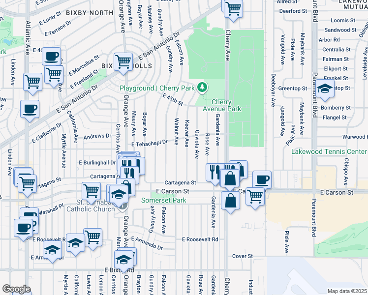 map of restaurants, bars, coffee shops, grocery stores, and more near 4231 Walnut Avenue in Long Beach